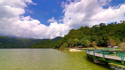 There are lakes and mountains in Longtan Lake Park in Yilan County, Taiwan.