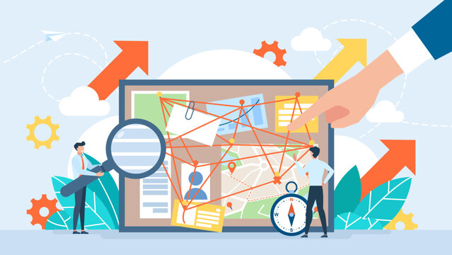 Conspiracy Theory. Bamboo Board With Attached Evidence, Facts. Investigating The Connection Between Events And People. Detectives Are Looking For Facts, Connections. Cause, Effect. Vector Illustration