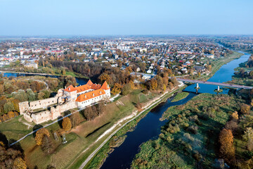 Medieval castle from above, Bauska town aerial panorama with medieval castle - obrazy, fototapety, plakaty