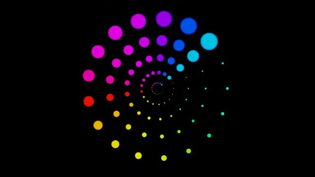 Abstract loop animation rings or circles like disk of colored dots of different sizes rotate on black background. 3d motion graphic