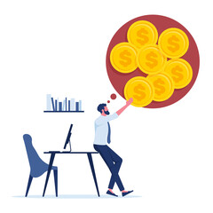 Businessman thinking about money and try to take cash from dreaming bubble, business concept