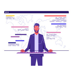 Businessman analyzing a financial data over world map, Businessman in global business concept