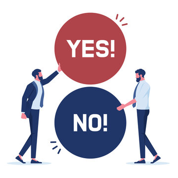 Dispute, debate, negotiation, conflict of interest, differences of opinion. Couple of businessman quarrel and swear holding signs yes and no