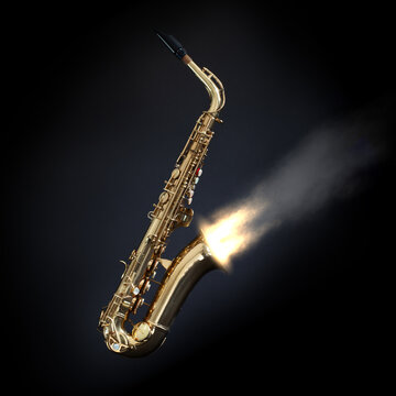 Saxophone blasting fire and smoke from bell