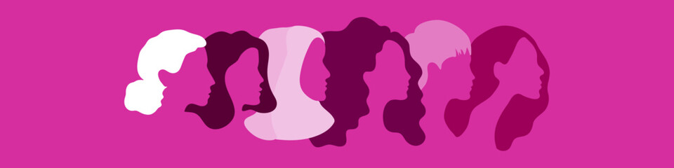 Portraits of different women in profile. Horizontal banner. Pink colors. International Day of Breast Cancer. Concept of women's rights, diversity, unity. Vector illustration, flat design