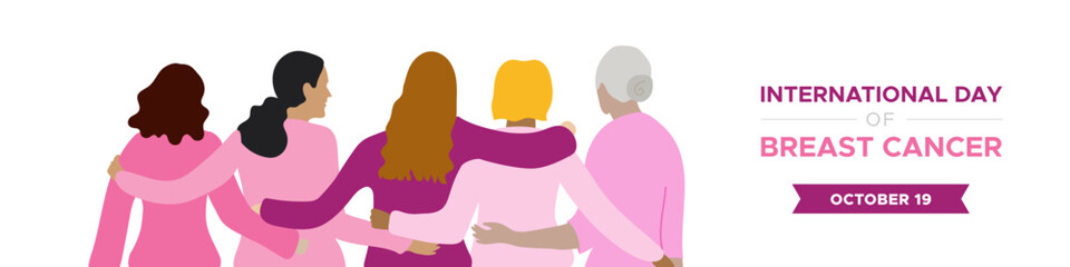 International Day of Breast Cancer. October 19. Group of five women embracing of different ages dressed in pink. Horizontal banner. Vector illustration, flat design