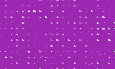 Seamless background pattern of evenly spaced white concrete mixer truck symbols of different sizes and opacity. Vector illustration on purple background with stars