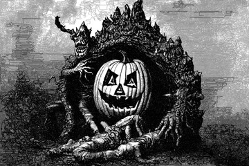 Pumpkin head monster. Jack-o-lantern. Vector illustration. Doodle sketch.