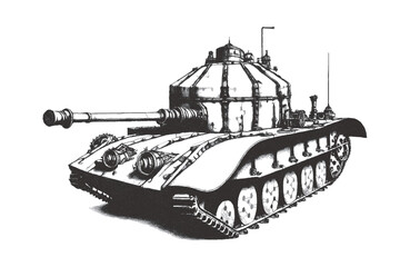 Steampunk battle tank. Fighting armoured vehicle. Doodle sketch. Vector illustration. Isolated on white background.