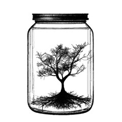 Tree in a jar. Doodle sketch. Vector illustration. Isolated on white background.