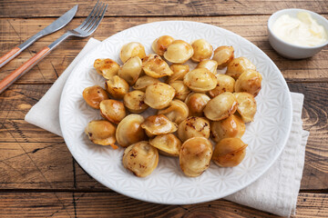 Traditional fried pelmeni, ravioli, dumplings filled with meat on plate, russian kitchen. Wooden rustic table, copy space.