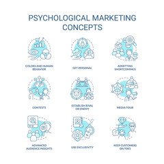 Psychological marketing tricks turquoise concept icons set. Engage consumers idea thin line color illustrations. Isolated symbols. Editable stroke. Roboto-Medium, Myriad Pro-Bold fonts used