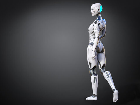 3D rendering of a female android with greyish background.