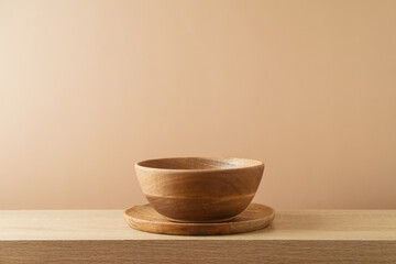 Modern wooden shelf with plate and bowl. Interior mock up for design and product display