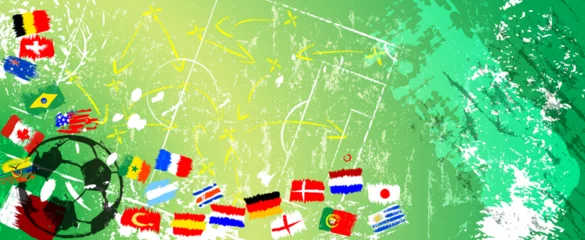 Foto op Plexiglas soccer or football illustration for the great soccer event with flags, field, paint strokes and splashes © Kirsten Hinte