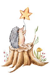 Obraz premium Watercolor hand drawing cute cartoon hedgehog w illustration. Nursery clipart, children funny clipart on isolated white background. Can be used for sticker, print, sublimation, pattern