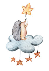 Watercolor hand drawing cute cartoon hedgehog on a cloud illustration. Colorful children funny clipart on isolated white background. Can be used for sticker, print, sublimation, pattern