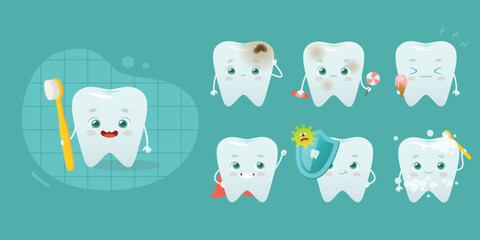 Cute tooth mascot set. Cartoon teeth characters for kids dental clinic. Vector collection of adorable baby tooth.