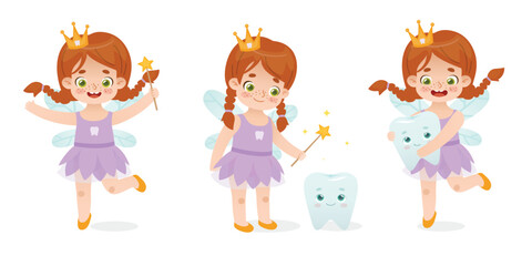 Cartoon tooth fairy baby girl. Poses set of cute tooth fairy. Adorable mascot for kids dental clinic.