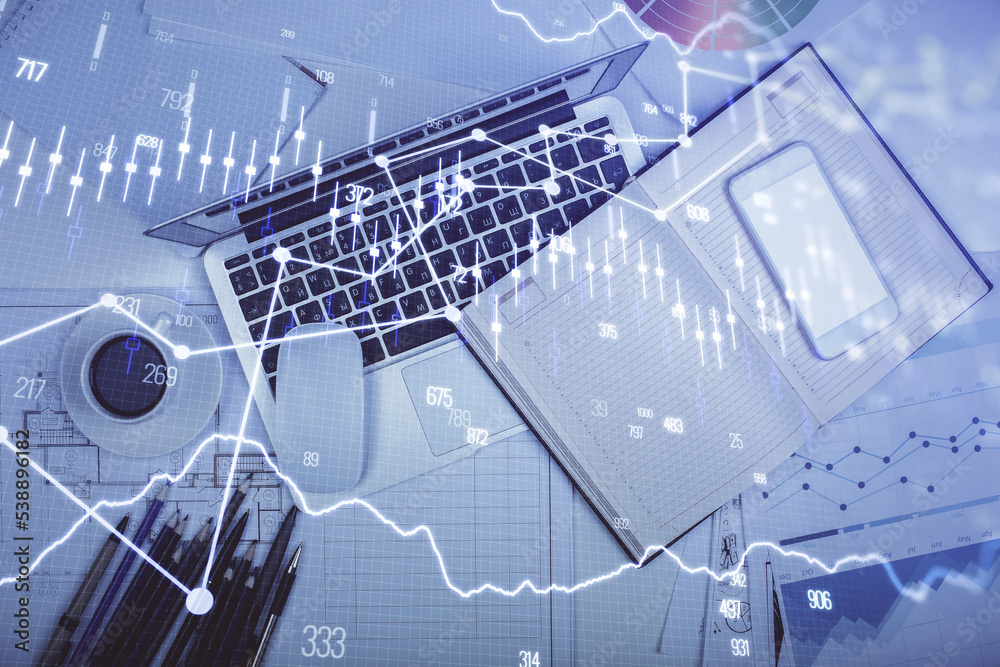 Aufkleber Multi exposure of forex chart drawing over table background with computer. Concept of financial research and analysis. Top view.