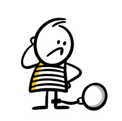 Prisoner with a chain and a weight on his leg doodle hand drawn illustration.
