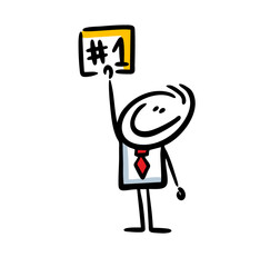 Cute doodle businessman in red tie showing the table with the victory.