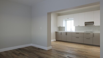 Long kitchen with a large refrigerator and a window over the sink. 3d render
