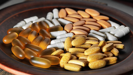 pills isometric view close up. heap of pills. dietary supplement isometric projection. immune health care concept. mental wellbeing and personal health. selective focus photo