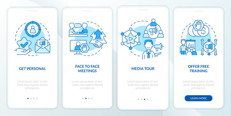 Fototapeta na wymiar Increasing turnaround ideas blue onboarding mobile app screen. Walkthrough 4 steps editable graphic instructions with linear concepts. UI, UX, GUI template. Myriad Pro-Bold, Regular fonts used