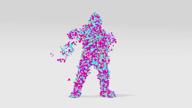 The Figure Made of Colorful Balls Dancing on Light Background. Hip Hop Dancer Made of Particle Making Some Dance Movements. Animator for Children Birthday or Party Celebration. 3D Rendering