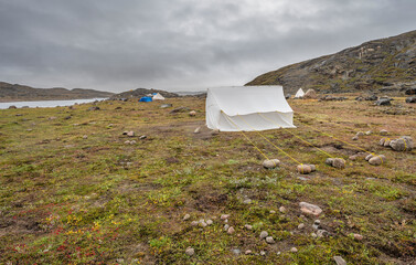Camping sites set up on the tundra in Sylvia Grinnell Territorial Park, Nunavut, Canada