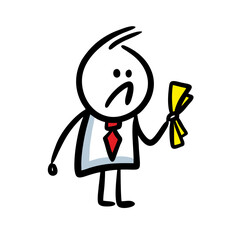 Doodle character in costume and red tie crumpling a paper documents in anger.