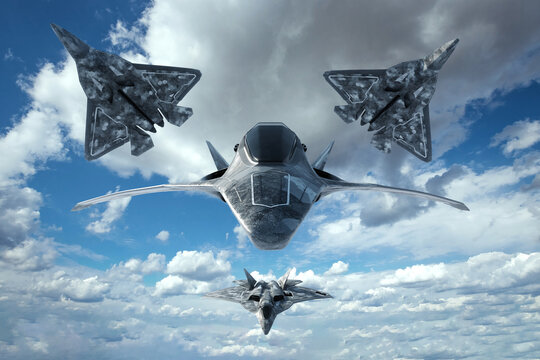 3D Render Of A Modern Combat 5th Or 6th Generation Fighter Aircraft Against A Blue Sky. Combat Aviation, Air Force, New Technologies, Photorealistic Graphics, Mixed Media.