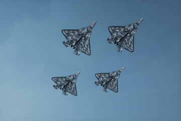 3D render Group of modern Combat aircraft, 5th or 6th generation fighter in the sky. Combat aviation, Air Force, new technologies, photorealistic graphics, mixed media. 3D illustration.