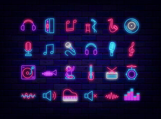 Music neon icons collection. Stand up and concert. Headphones and microphone. Vector illustration - obrazy, fototapety, plakaty