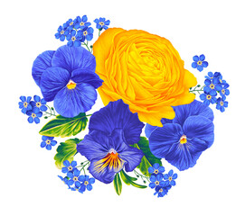 Botanical illustration with yellow ranunculus, blue violas and yellow-blue pansies, forget-me-nots, lettuce leaves. Clip art for cards, gifts, textiles, clothing designs