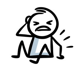Sitting on the ground man character with sad face holding the head.