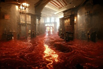 A descriptive horror scene depicting rivers of blood flowing through an indoor hall of a frightening haunted hotel of horrors. 3D illustration for Halloween themes and horror background. - obrazy, fototapety, plakaty