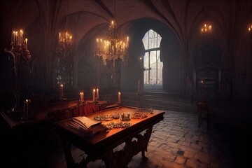 A Transylvanian Victorian living room with a table, sofa, and lounge chairs lit by candles to create an eerie gothic atmosphere for Halloween vampire games. 3D illustration - obrazy, fototapety, plakaty