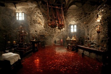indoor of a terrifying Transylvanian vampire dungeon's torture chamber as candlesticks illuminate the chained tools of torture. 3D illustration of Halloween for horror theme backgrounds. - obrazy, fototapety, plakaty