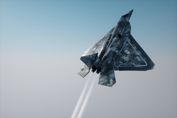 3D render of Modern Combat Aircraft, 5th or 6th generation fighter in the sky. Combat aviation, Air Force, new technologies, photorealistic graphics, mixed media. 3D illustration.
