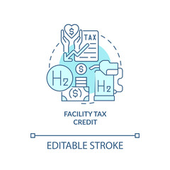 Facility tax credit turquoise concept icon. Installation of h2 stations abstract idea thin line illustration. Isolated outline drawing. Editable stroke. Roboto-Medium, Myriad Pro-Bold fonts used