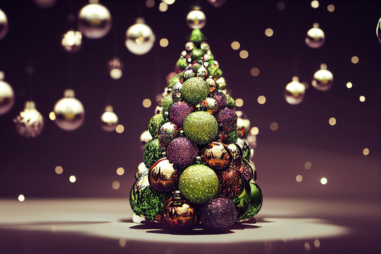 3D illustration Christmas Tree With Baubles And Blurred Shiny Lights