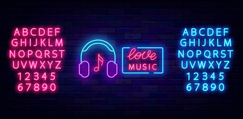 Love music neon signboard. Luminous blue and pink alphabet. Headphones and note. Vector stock illustration