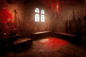 indoor of a terrifying Transylvanian vampire dungeon's torture chamber as candlesticks illuminate the chained tools of torture. 3D illustration and Halloween theme and horror background. - obrazy, fototapety, plakaty