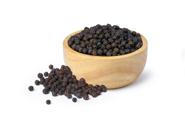 Black pepper in wooden bowl isolated on white background.