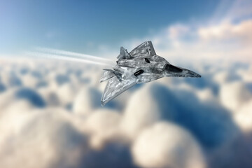 3D render of Modern Combat Aircraft, 5th or 6th generation fighter in the sky. Combat aviation, Air Force, new technologies, photorealistic graphics, mixed media. 3D illustration.