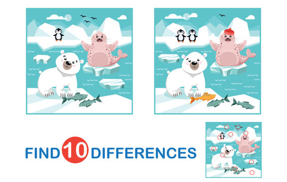Educational game for children. Find differences. Cute arctic animals in winter