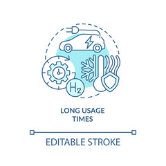 Long usage times turquoise concept icon. Carbon free. H2 fuel cells advantage abstract idea thin line illustration. Isolated outline drawing. Editable stroke. Roboto-Medium, Myriad Pro-Bold fonts used