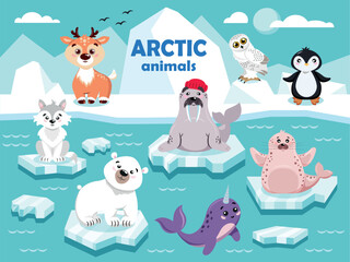 Animals of the Arctic. Bear, deer, owl, narwhal, penguin, walrus, wolf, seal. © Natallia